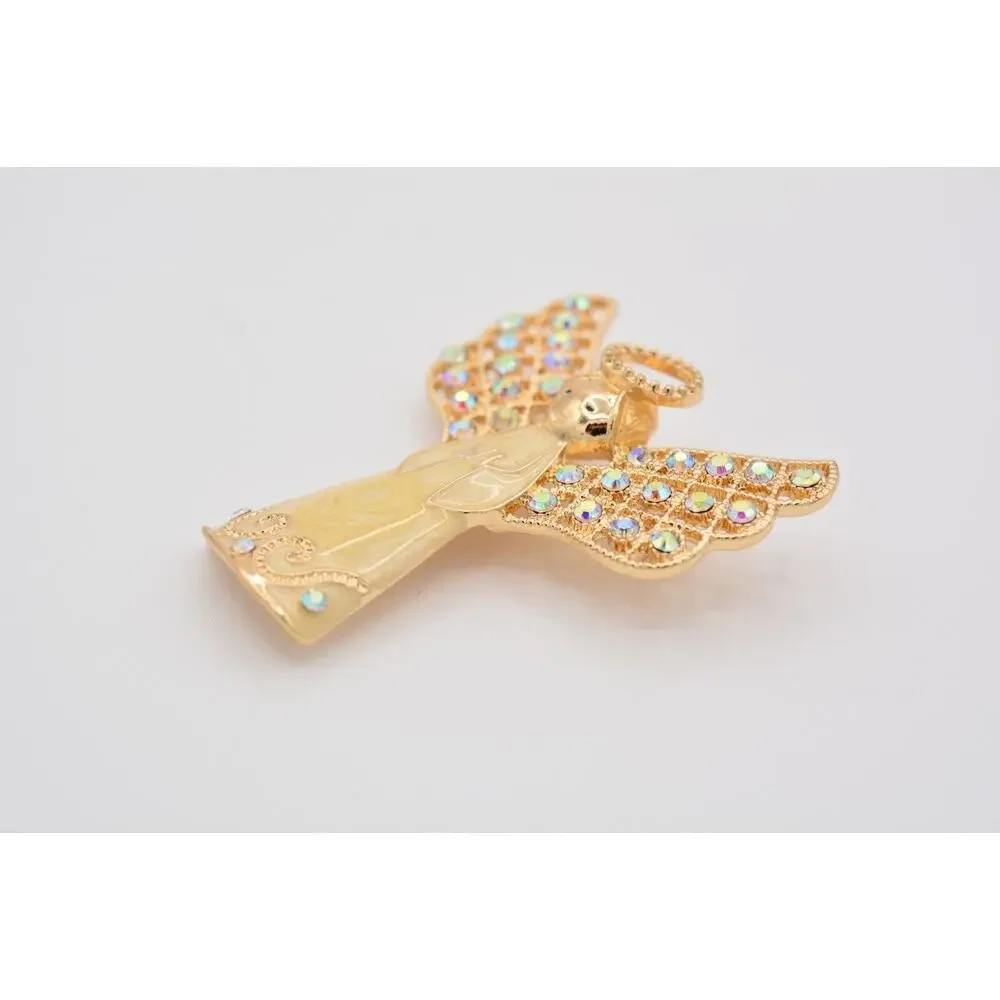 Monet Vintage Crystal Angel Pin Brooch Enamel Gold AB Rhinestone Christmas BinAT